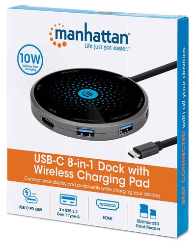 CARREGADOR WIRELESS MANHATTAN 10W 1 USB-C + 3 USB-A + CARD READER LED INDICADOR COM CABO USB-C 0.3M QI WIRELESS FAST CHARGING CINZA E PRETO