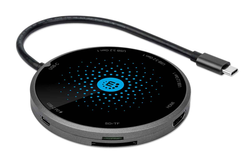 CARREGADOR WIRELESS MANHATTAN 10W 1 USB-C + 3 USB-A + CARD READER LED INDICADOR COM CABO USB-C 0.3M QI WIRELESS FAST CHARGING CINZA E PRETO