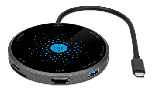 CARREGADOR WIRELESS MANHATTAN 10W 1 USB-C + 3 USB-A + CARD READER LED INDICADOR COM CABO USB-C 0.3M QI WIRELESS FAST CHARGING CINZA E PRETO