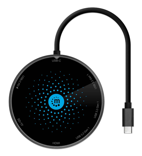 CARREGADOR WIRELESS MANHATTAN 10W 1 USB-C + 3 USB-A + CARD READER LED INDICADOR COM CABO USB-C 0.3M QI WIRELESS FAST CHARGING CINZA E PRETO