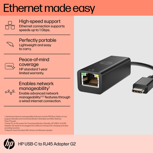 HPI ADAPT USB-C TO RJ45 HP G2 L3 PLACAS, ADAPTADORES E TRANSFORMADORES