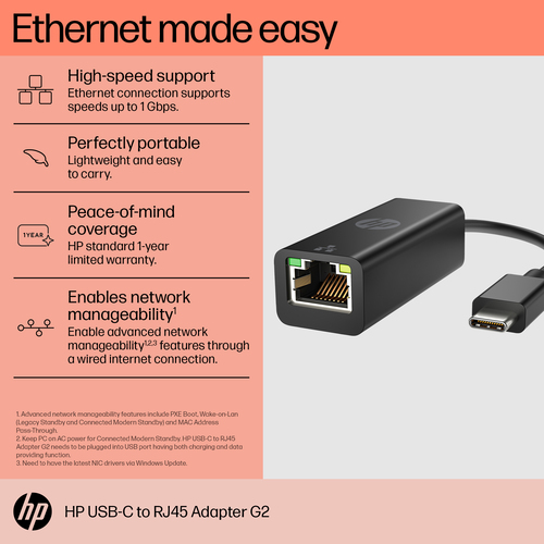 HPI ADAPT USB-C PARA RJ45 HP G2 L3 PLACAS, ADAPTADORES E TRANSFORMADORES