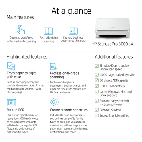 HPI SCANNER SCANJET HP MONO PRO 3000 S4 SFP ENTERPRISE A4 (40 PPM) ADF USB 2.8"