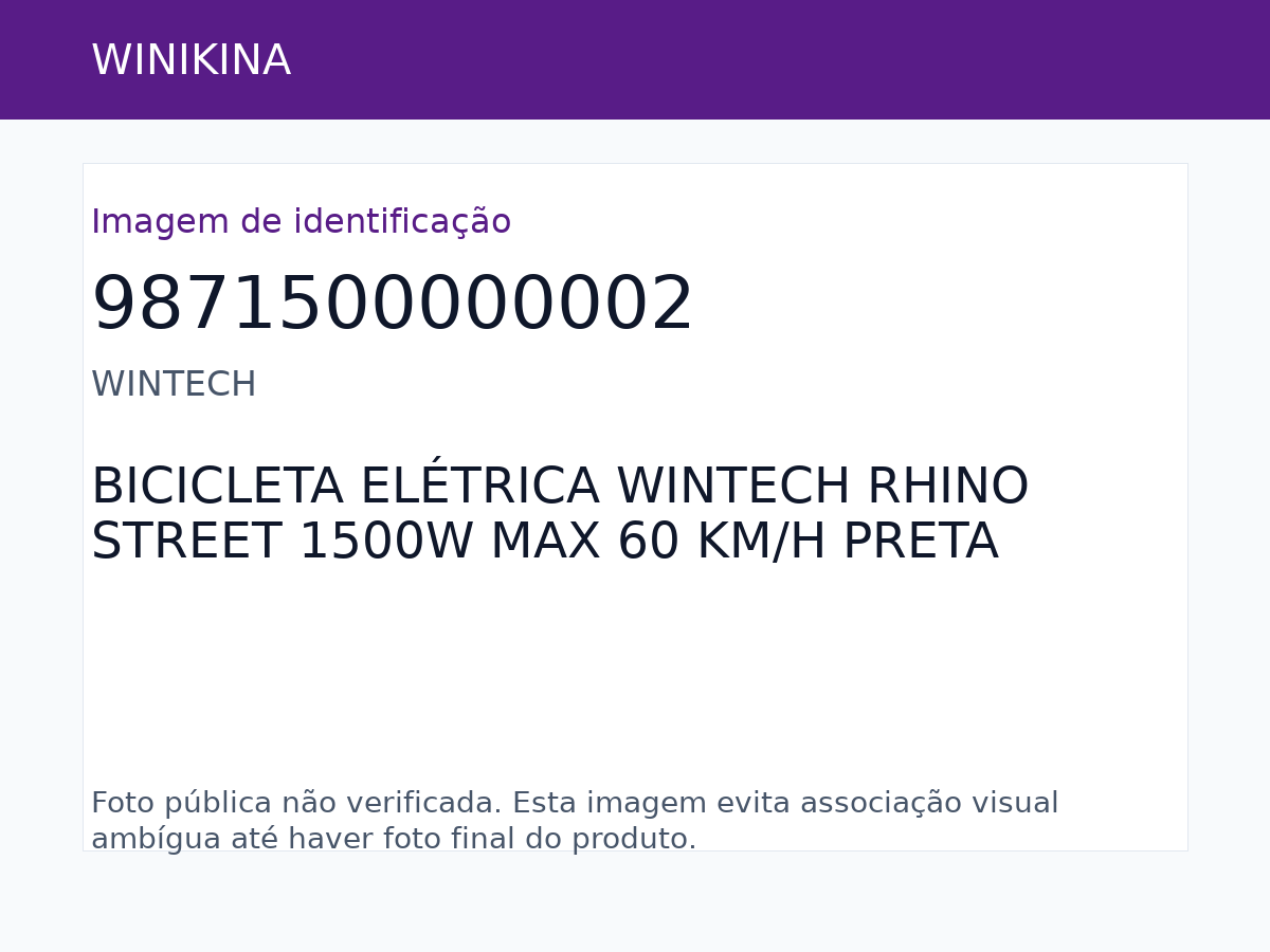 BICICLETA ELÉTRICA WINTECH RHINO STREET 1500W MAX 60 KM/H PRETA