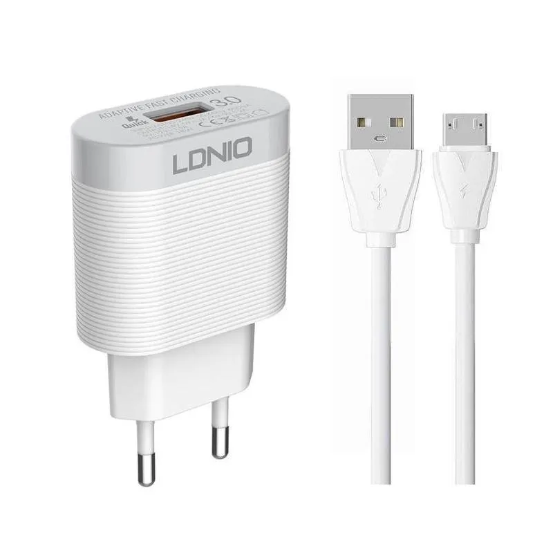 CARREGADOR TOMADA LDNIO 18W EU 3 USB-A COM CABO USB-A PARA MICRO USB-B 1M FAST CHARGING/QC3.0/AUTO-ID BRANCO