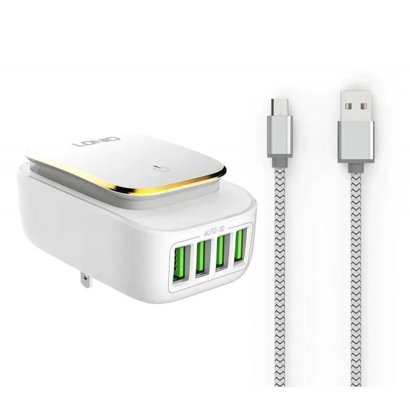 CARREGADOR TOMADA LDNIO 22W EU 4 USB-A TOUCH LED COM CABO USB-A PARA USB-C 1M FAST CHARGE/AUTO-ID BRANCO