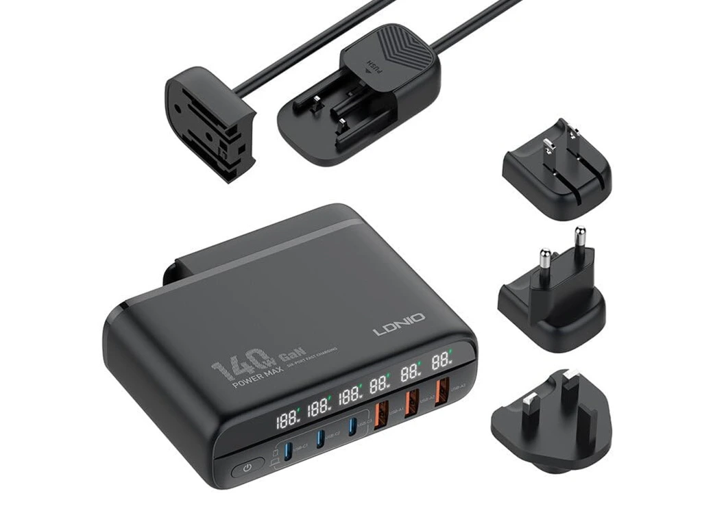 CARREGADOR TOMADA LDNIO 140W EU/US/UK 3 USB-C + 3 USB-A COM CABO USB-C PARA USB-C 1M GAN/PD/QC/PPS PRETO