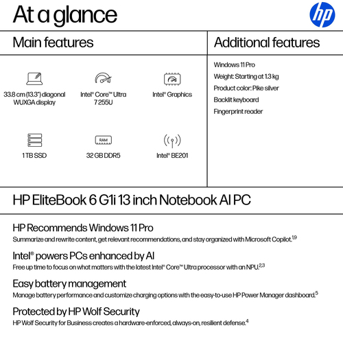 HPI PORTÁTIL HP 13.3" PROBOOK 630 U7-255U INTEL GRAPHICS 32GB 1TB SSD WUXGA W11P PRATA ELITEBOOK 630G1I