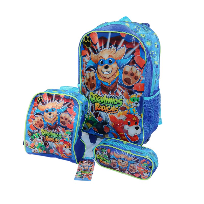 FEEDER MOCHILA ESCOLAR CLIO DOGS RADICAIS+LANCHEIRA+ESTOJO TROLLEY VERMELHA