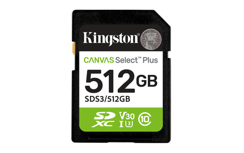 CARTÃO DE MEMÓRIA SD 512GB KINGSTON CANVAS SELECT PLUS GEN 3 CL10 UHS-I 100MB/S COM ADAPTADOR PRETO