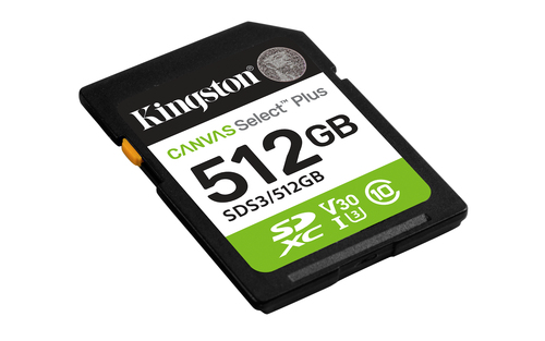 CARTÃO DE MEMÓRIA SD 512GB KINGSTON CANVAS SELECT PLUS GEN 3 CL10 UHS-I 100MB/S COM ADAPTADOR PRETO
