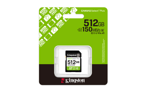 CARTÃO DE MEMÓRIA SD 512GB KINGSTON CANVAS SELECT PLUS GEN 3 CL10 UHS-I 100MB/S COM ADAPTADOR PRETO